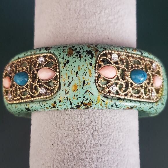 Heavy Green Splatter Hinged Bangle with Filigree Inserts with Beads and Crystals - Picture 1 of 11
